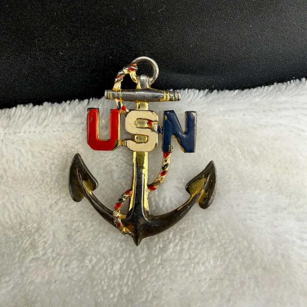 Vintage Sterling Silver USN Anchor Pin Brooch Red White Blue Enamel READ